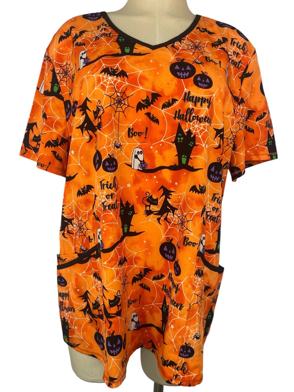 ScrubStar Halloween Themed Print Orange Tunic Women’s XL